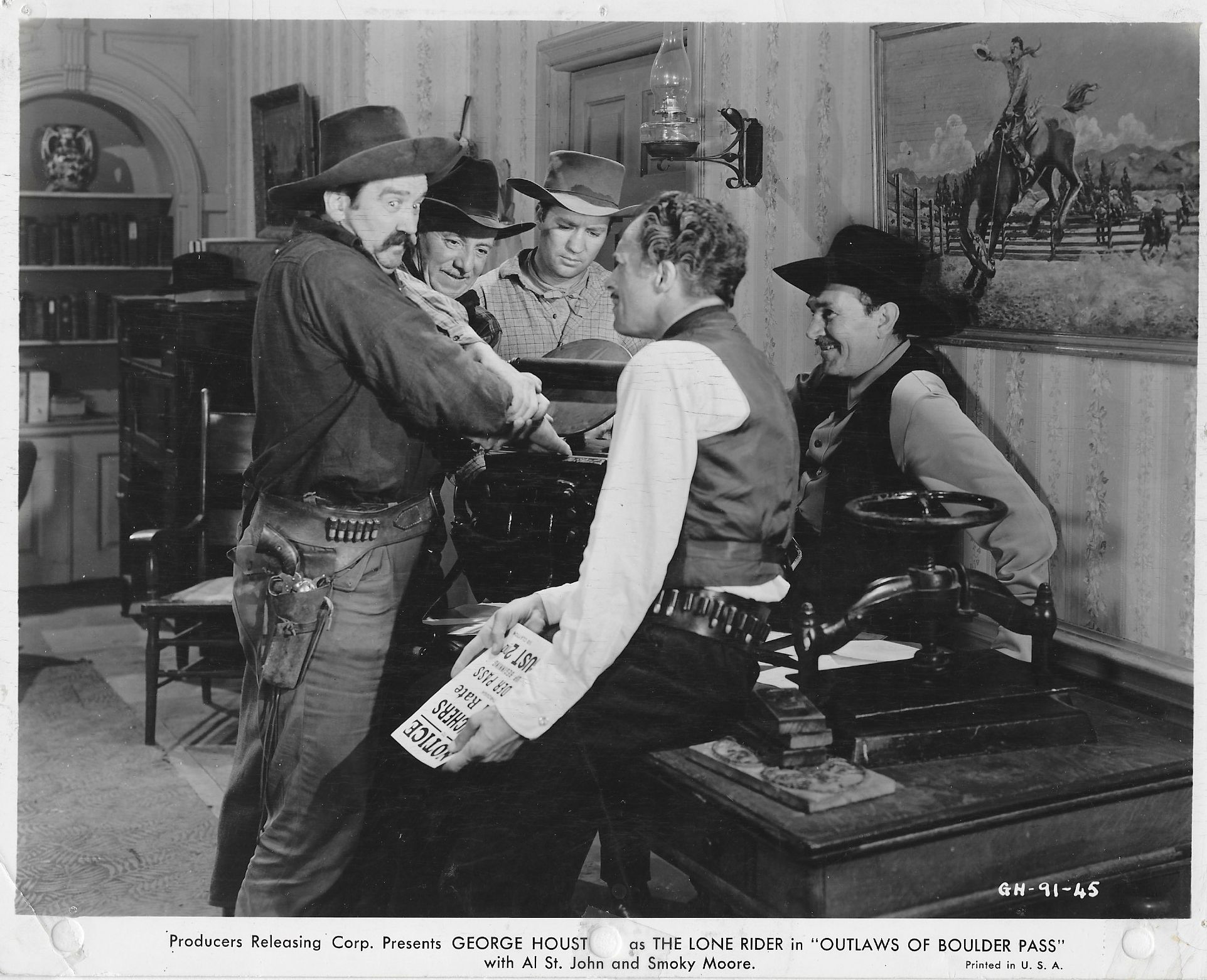 Steve Clark, Art Dillard, Karl Hackett, I. Stanford Jolley, and Charles King in Outlaws of Boulder Pass (1942)