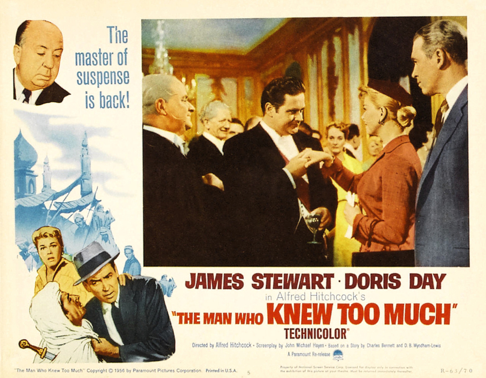 Doris Day, Alfred Hitchcock, James Stewart, Daniel Gélin, Alexis Bobrinskoy, and Mogens Wieth in The Man Who Knew Too Much (1956)