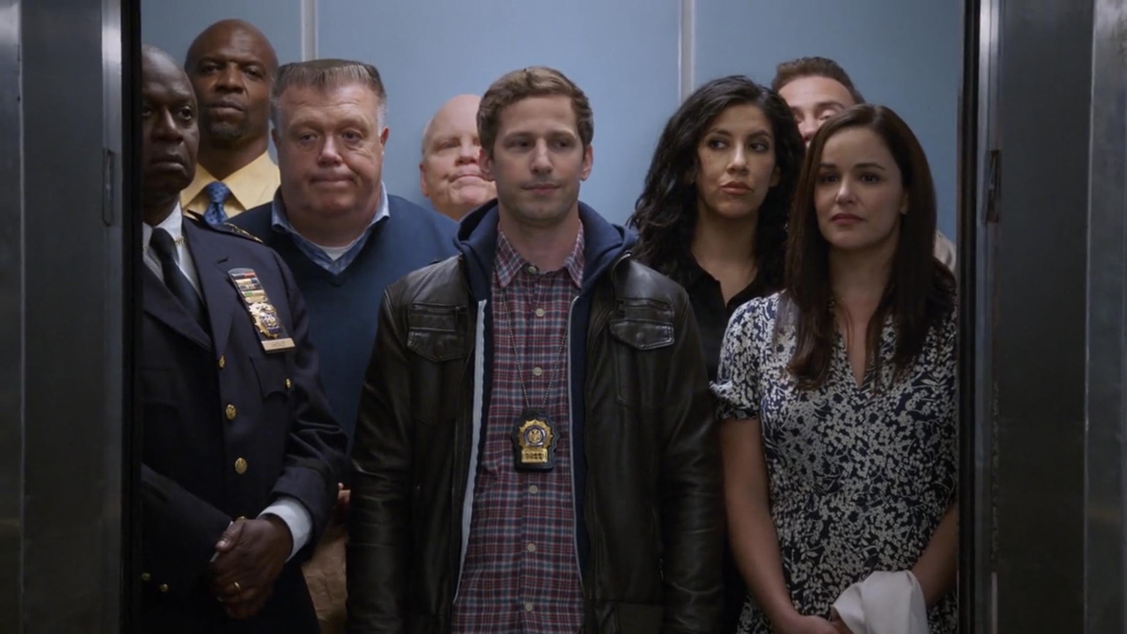 Dirk Blocker, Andre Braugher, Terry Crews, Melissa Fumero, Joe Lo Truglio, Joel McKinnon Miller, Andy Samberg, and Stephanie Beatriz in The Last Day Pt 2 (2021)