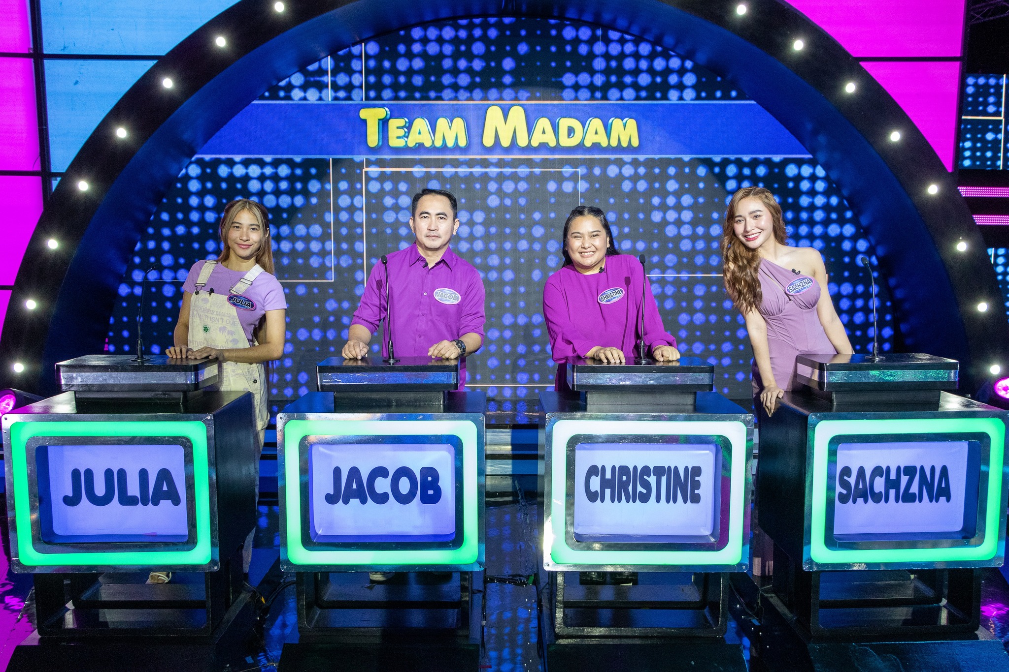 Christine Laparan Policarpio, Jacob Policarpio, Julia Policarpio, and Sachzna Laparan in Family Feud Philippines (2022)