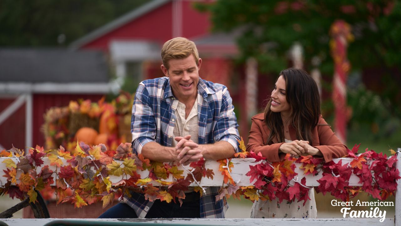 Trevor Donovan and Jessica Lowndes in A Harvest Homecoming (2023)