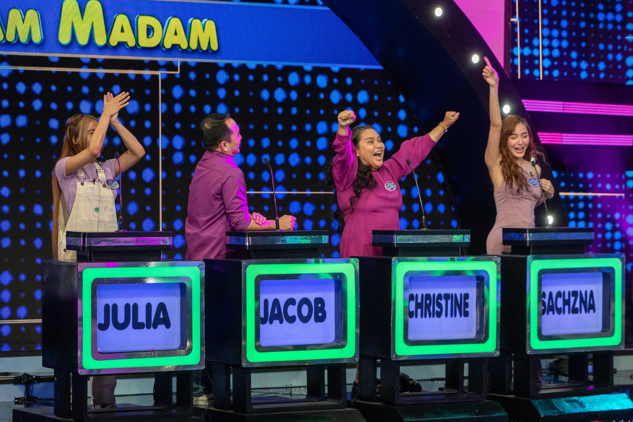 Christine Laparan Policarpio, Jacob Policarpio, Julia Policarpio, and Sachzna Laparan in Family Feud Philippines (2022)