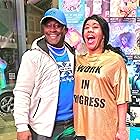 Dywayne Thomas with comedian Dominique 'Variety D' Davis on the closing night of her show 'Misunderstood in the Hood (Work In Progress)' held at the Theatre Peckham, in London, England.