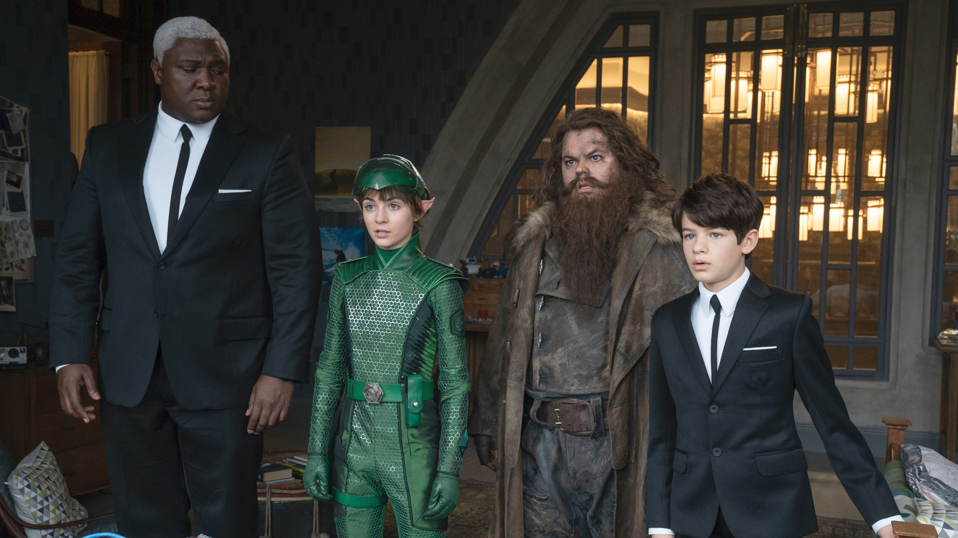 Josh Gad, Nonso Anozie, Lara McDonnell, and Ferdia Shaw in Artemis Fowl (2020)