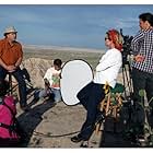 On set of BUFFFALO RETURNS - Left to right: Sound Recordist Judy Karp; Mark A. Tilsen, president of Native American Natural Foods; Field Producer Larry Pourier; Director Gini Reticker; Cinematographer Kirsten Johnson