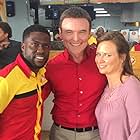 Jeff Rose as "Isaac", the owner of Christian Chicken, on the set of "Night School" with Kevin Hart and Mary Lynn Rajskub
