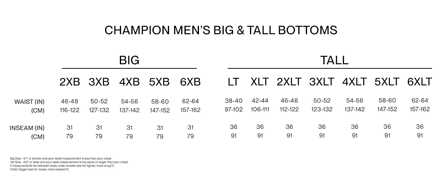 Champion Men's Big & Tall Bottoms SIze Chart