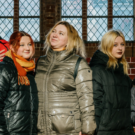 Viktor, 14, Polina, 11, Anastasiia, 34, Elena, 15, and Diana, 10, at St. George's Church in Wismar. Thursday, Feb. 9, 2023.

FOR SPECIAL PROJECT