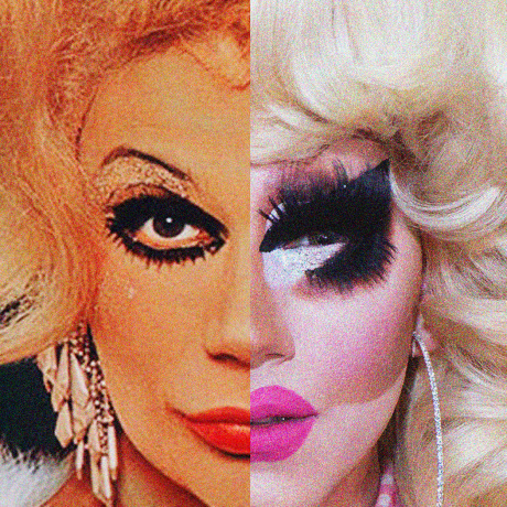 A split photo of Flawless Sabrina in the film "The Queen" and Trixie Mattel.