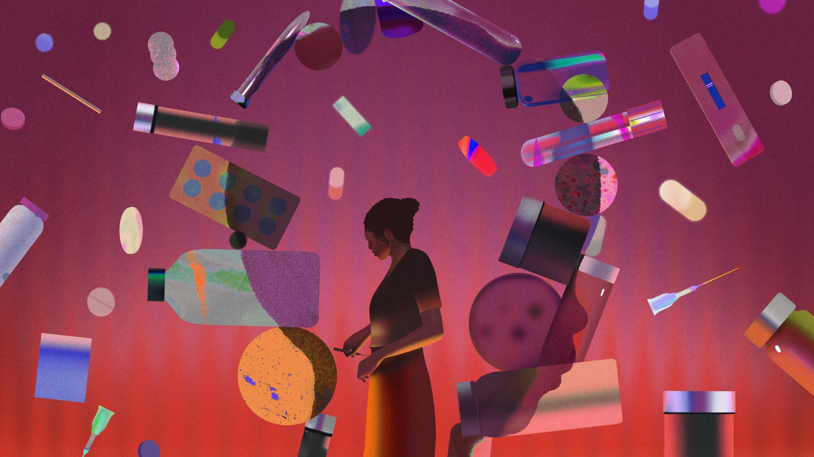 The silhouette of a woman in the center of a baby's head both surrounded by floating needles pills and a pregnancy test.