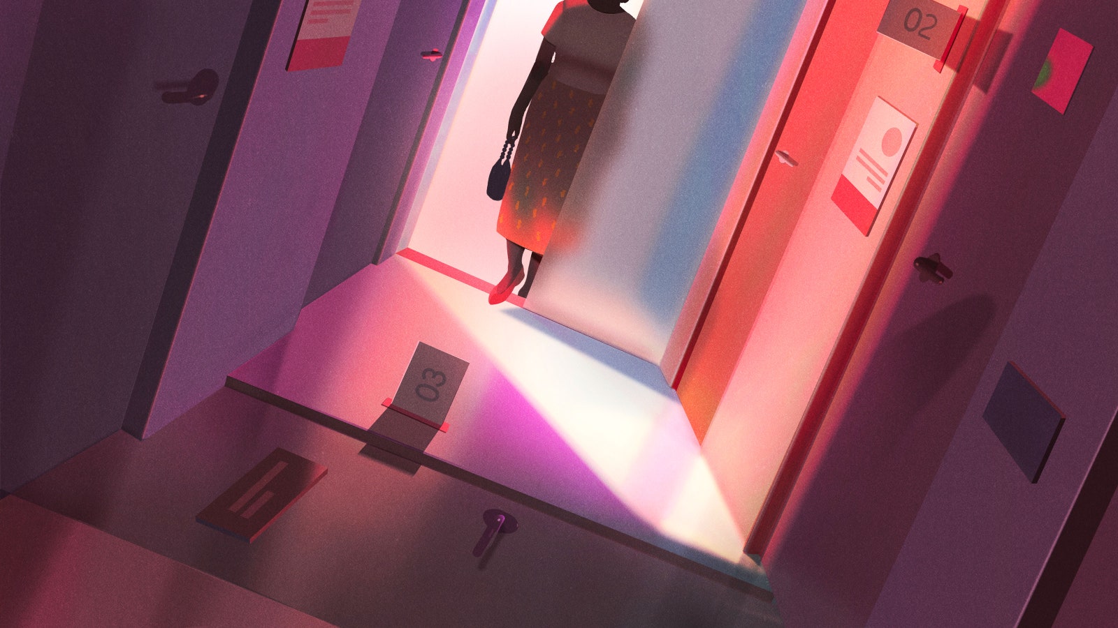 Illustration of a woman walking down a hallway of doctor's doors.