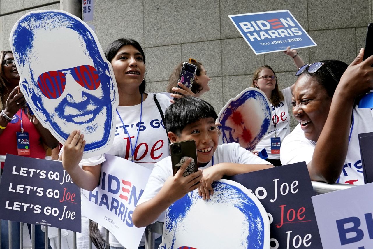 Supporters of President Joe Biden react outside the Hyatt Regency Atlanta, ahead of a presidential debate, in Atlanta on Thursday.