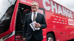 Labour Party leader Sir Keir Starmer arrives on board his election battle bus at a campaign event in Halesowen after unveiling Labour’s manifesto in Manchester for the forthcoming General Election on July 4. Picture date: Thursday June 13, 2024. PA Photo. See PA story POLITICS Election Labour. Photo credit should read: Stefan Rousseau/PA Wire