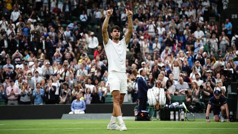 Carlos Alcaraz celebrates his victory over Tommy Paul to book his place in the Wimbledon semifinals.