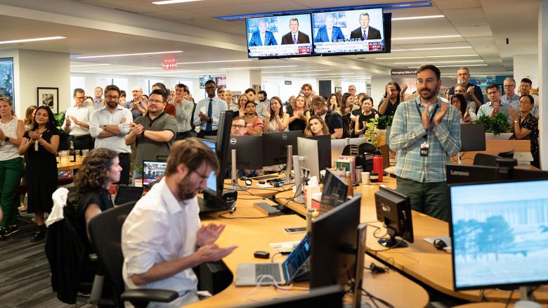 The Wall Street Journal editors and reporters listen to Emma Tucker speak about Evan Gershkovich’s release. The Wall Street Journal reporter Evan Gershkovich was released into U.S. custody after a prisoner swap with Russia on August 1, 2024. (Chase Gaewski/WSJ)