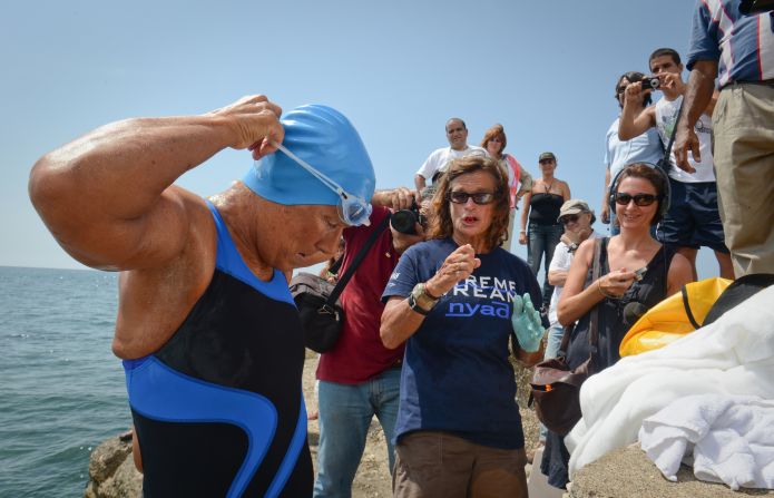 Nyad, left, prepares for her departure. Nyad's first attempt to cross the Straits of Florida was in 1978, when rough seas left her battered, delirious and less than halfway to her goal.