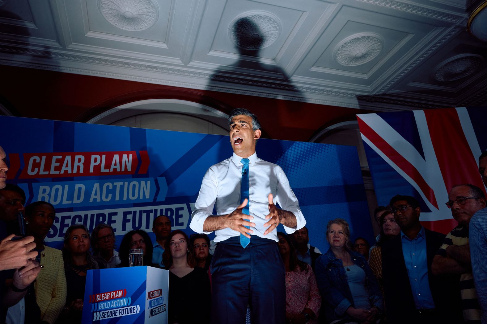 British Prime Minister Rishi Sunak delivers a campaign speech in London on Monday, June 24. Sunak is preparing for July 4th’s general election, <a href="https://www.cnn.com/2024/05/22/uk/uk-early-elections-sunak-conservatives-intl/index.html">which he surprisingly called for last month</a>. Sunak was required to hold a vote by January 2025.