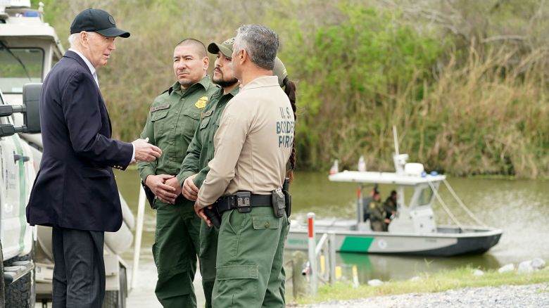 President Joe Biden receives a briefing at the US-Mexico border in Brownsville, Texas, on February 29. 