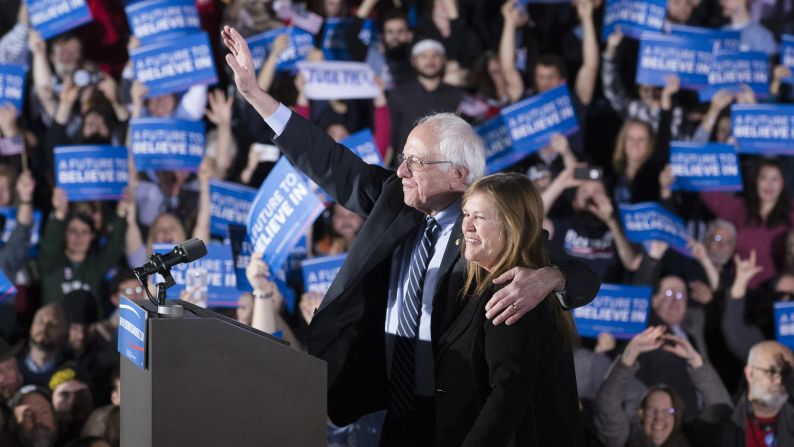 Sanders and his wife, Jane, wave to the crowd during a primary night rally in Concord, New Hampshire, in February 2016. Sanders defeated Clinton in the New Hampshire primary with 60% of the vote, becoming <a href="http://www.cnn.com/2016/02/04/politics/bernie-sanders-jewish-new-hampshire-primary/index.html" target="_blank">the first Jewish candidate to win a presidential primary.</a>