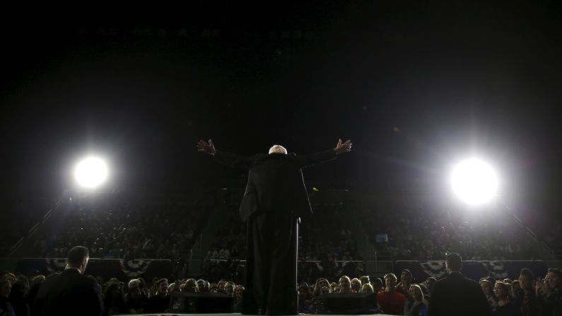 Sanders speaks at a campaign rally in Ann Arbor, Michigan, in March 2016. He <a href="http://www.cnn.com/2016/03/08/politics/primary-results-highlights/" target="_blank">won the state's primary</a> the next day, an upset that delivered a sharp blow to Clinton's hopes of quickly securing the nomination.