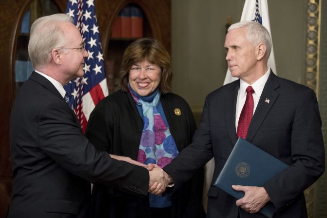 Pence shakes hands with Health and Human Services Secretary Tom Price -- who was accompanied by his wife, Betty -- after a swearing-in ceremony on Friday, February 10. Price, a former congressman from Georgia, <a href="http://www.cnn.com/2017/02/09/politics/tom-price-confirmation-vote/" target="_blank">was confirmed 52-47</a> in a middle-of-the-night vote along party lines.