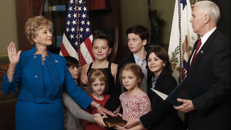 Linda McMahon is joined by her six grandchildren as she is sworn in as chief of the Small Business Administration on Tuesday, February 14. McMahon, <a href="http://www.cnn.com/2016/12/07/politics/linda-mcmahon-picked-to-be-small-business-administrator/" target="_blank">the former CEO of World Wrestling Entertainment,</a> was confirmed by a vote of 81-19.