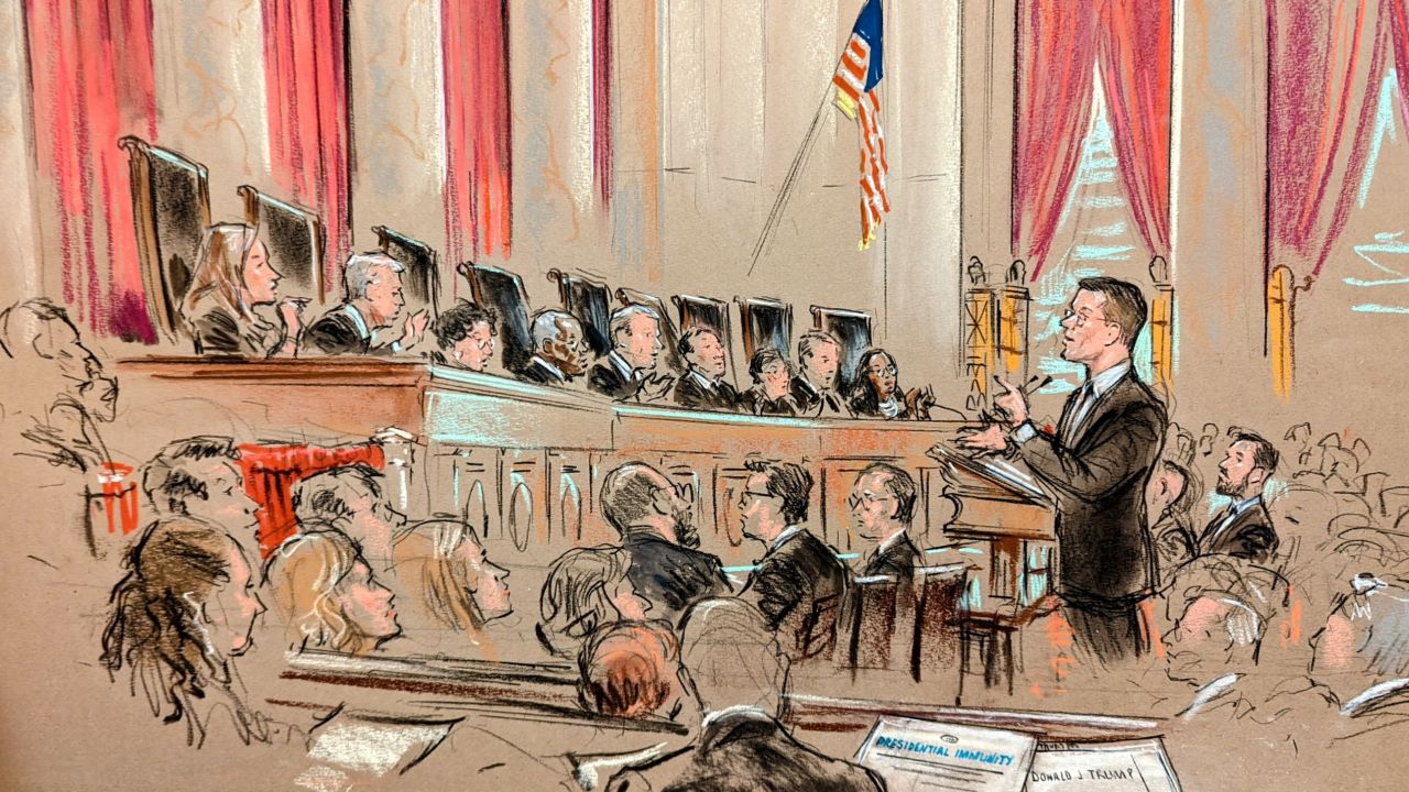 In this sketch from court, D. John Sauer argues before the US Supreme Court over whether former President Donald Trump is immune from criminal prosecution in Washington, DC, on Thursday, April 25.