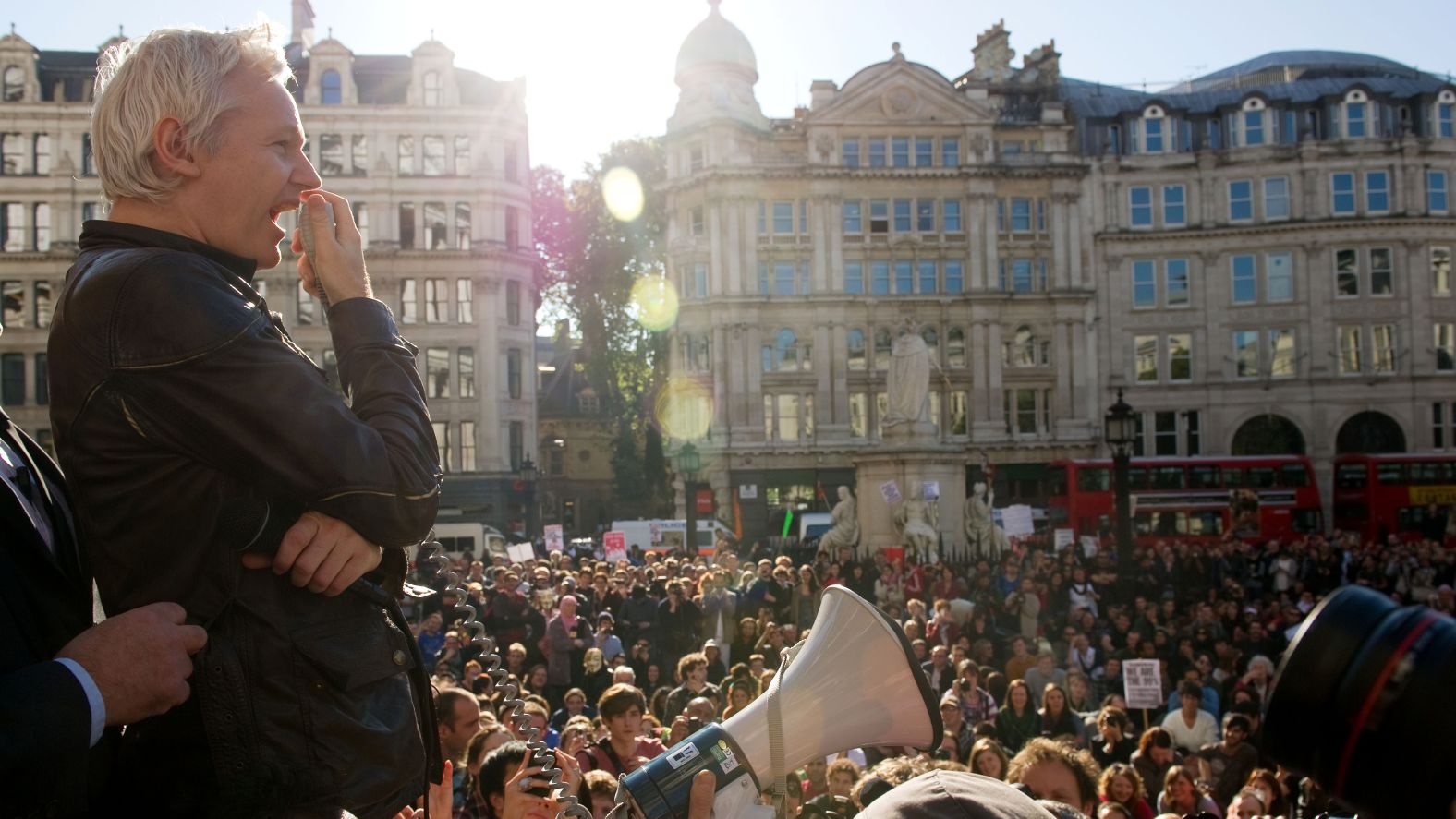 In October 2011, a month after WikiLeaks released more than 250,000 US diplomatic cables, Assange speaks to demonstrators from the steps of St. Paul's Cathedral in London.