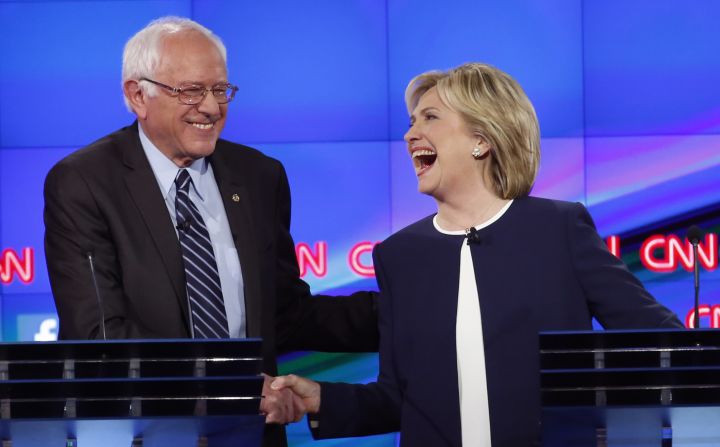 <a href="http://www.cnn.com/2015/10/13/politics/gallery/democratic-debate-las-vegas/index.html" target="_blank">Sanders shakes hands with Hillary Clinton</a> at a Democratic debate in Las Vegas in October 2015. The hand shake came after Sanders' take on <a href="http://www.cnn.com/2015/09/03/politics/hillary-clinton-email-controversy-explained-2016/index.html" target="_blank">the Clinton email scandal.</a> "Let me say something that may not be great politics, but the secretary is right -- and that is that the American people are sick and tired of hearing about the damn emails," Sanders said. "Enough of the emails, let's talk about the real issues facing the United States of America."