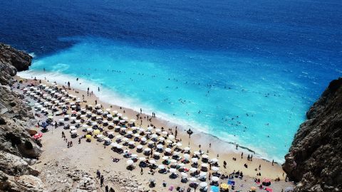 ANTALYA, TURKEY - AUGUST 27: A drone photo shows the aerial view of the Kaputas Beach during a summer day in the resort town of Kalkan in Turkey's Antalya province on August 27, 2018. Kaputas Beach known with its turquoise color, located between Kalkan and Kas districts in southwest of Turkey. 
 (Photo by Ali Rza Akkir/Anadolu Agency/Getty Images)