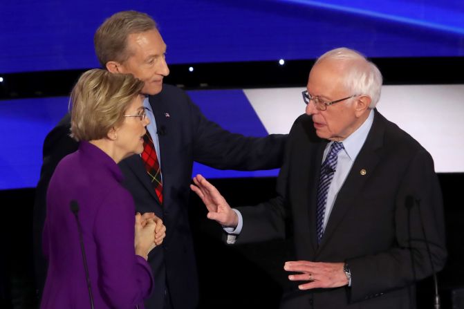 In a <a href="https://www.cnn.com/2020/01/15/politics/bernie-sanders-elizabeth-warren-debate-audio/index.html" target="_blank">tense and dramatic exchange</a> moments after a Democratic debate, Warren accused Sanders of calling her a liar on national television. Sanders responded that it was Warren who called him a liar. Earlier in the debate, the two disagreed on whether Sanders told Warren, during a private dinner in 2018, that he didn't believe a woman could win the presidency.