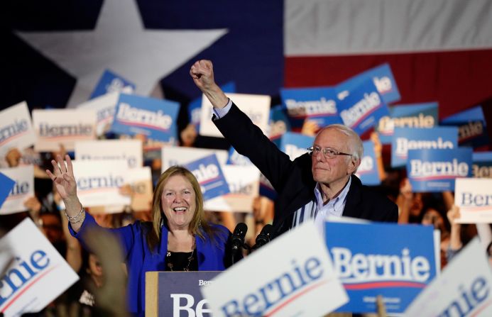 A triumphant Sanders raises his fist in San Antonio after he was projected to win <a href="http://www.cnn.com/2020/02/21/politics/gallery/nevada-caucuses/index.html" target="_blank">the Nevada caucuses.</a>