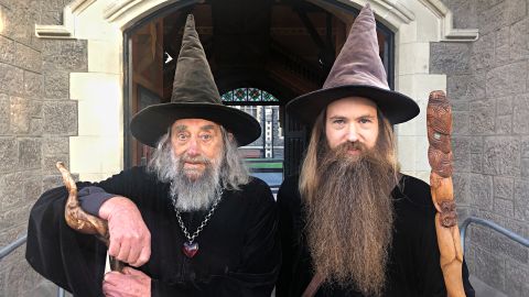 The Wizard and his apprentice Ari Freeman in central Christchurch, New Zealand, on June 2, 2020. 