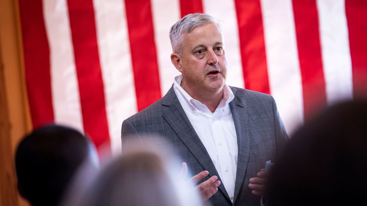 Michael Whatley, North Carolina Republican Party Chairman, speaks during a campaign event for President Donald Trump in Dallas, North Carolina, in October 2020.