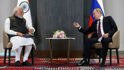 Russian President Vladimir Putin and Indian Prime Minister Narendra Modi at the Shanghai Cooperation Organization summit in Samarkand, Uzbekistan in September 2022.
