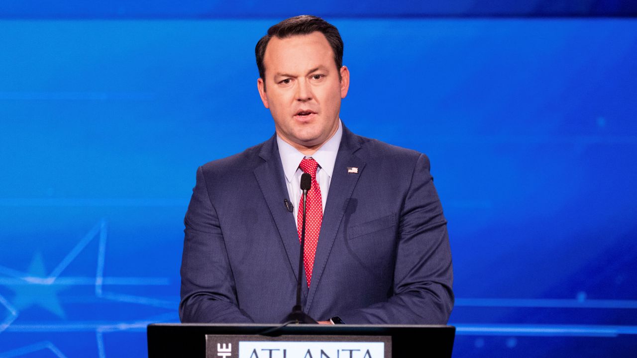 A Republican candidate running for Lieutenant Governor of Georgia, Burt Jones, participates in an election debate at the Georgia Public Broadcasting offices in Atlanta, Georgia, U.S. October 18, 2022.