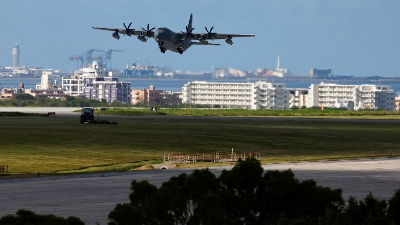 A U.S. military plane takes off at the Kadena U.S. Air Force Base in Kadena,Okinawa, Japan on August 24, 2023.