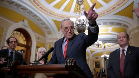 Senate Majority Leader Chuck Schumer speaks during a press conference following the weekly Senate caucus luncheons on Capitol Hill in Washington, DC, on March 12.