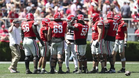 Apr 13, 2024; Athens, GA, USA; Georgia Bulldogs huddle on the field during the G-Day Game at Sanford Stadium. Mandatory Credit: Mady Mertens-USA TODAY Sports