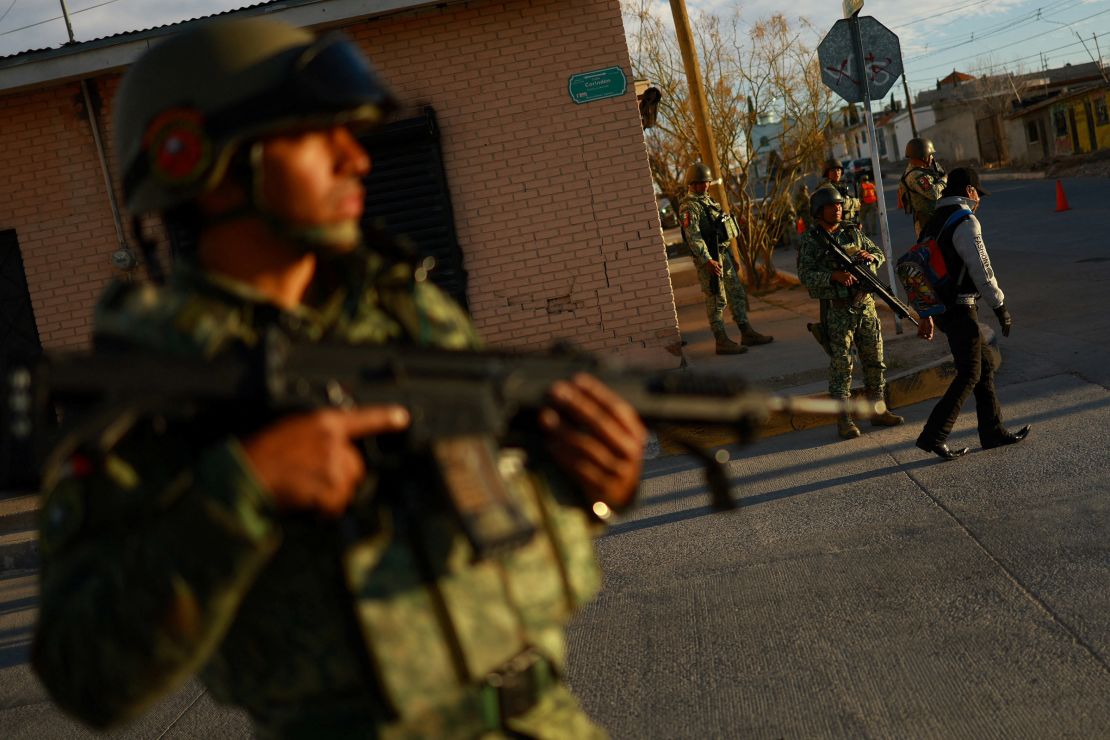 Mexican Army and National Guard members take part in "Operation Juarez," aimed at reducing violence in Ciudad Juarez, on February 17, 2024.