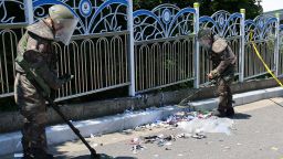 In a file photo, South Korean soldiers examine various objects trash from a balloon believed to have been sent by North Korea, in Incheon, South Korea, on June 2, 2024.