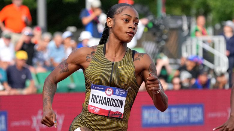Jun 27, 2024; Eugene, OR, USA; Sha'Carri Richardson wins women's 200m heat in 21.99 for the top time during the US Olympic Team Trials at Hayward Field. Mandatory Credit: Kirby Lee-USA TODAY Sports