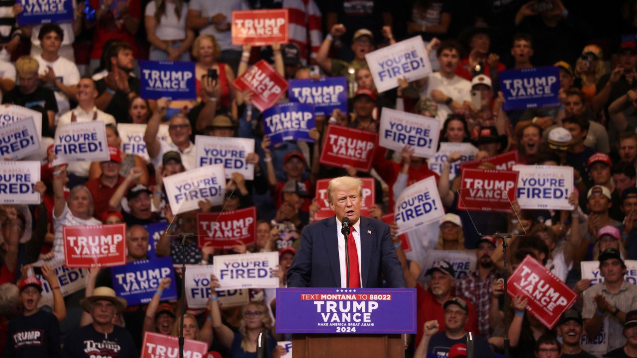 Former President Donald Trump speaks at a campaign rally in Bozeman, Montana, on August 9, 2024.