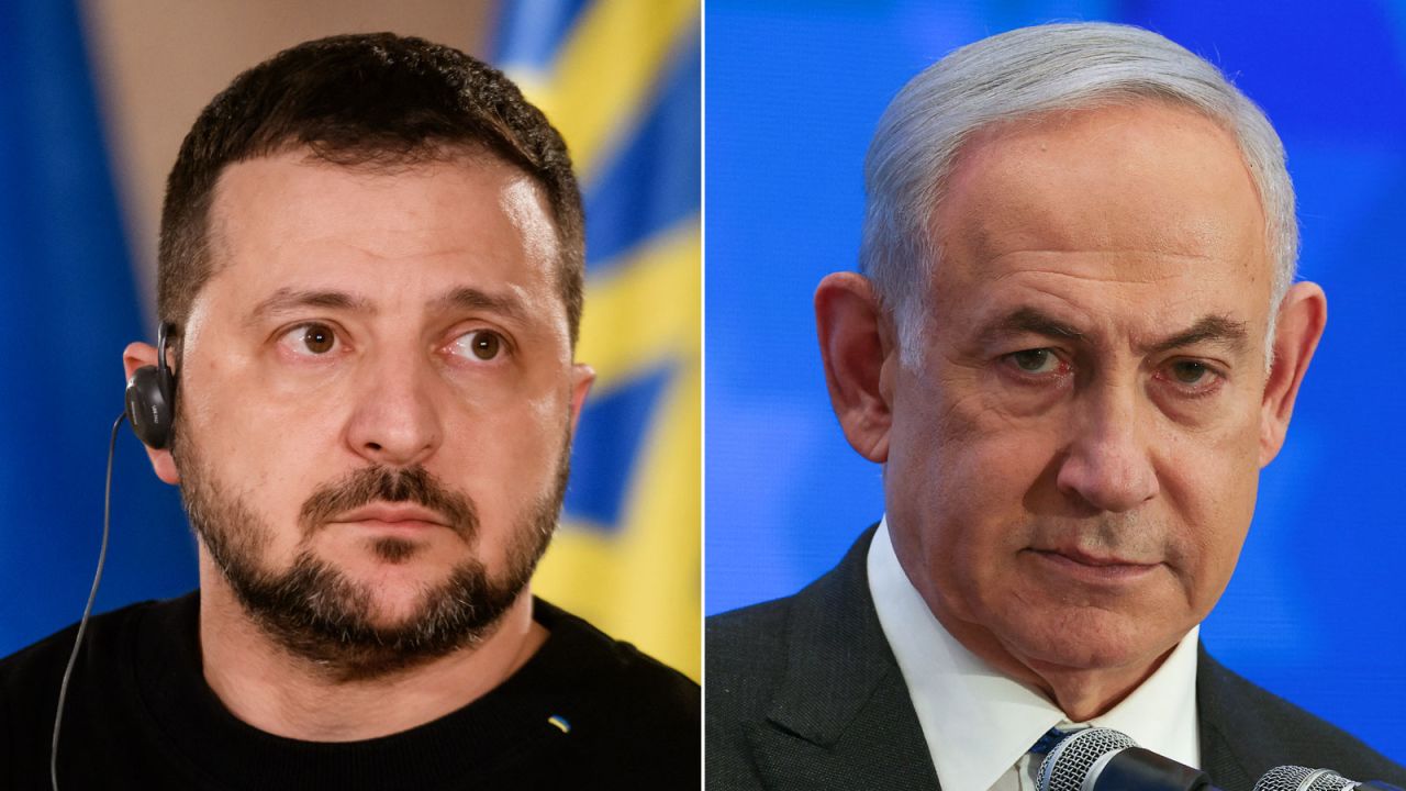 Ukrainian President Volodymyr Zelensky, left, and Israeli leader Benjamin Netanyahu