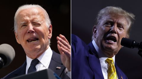 Biden:<br />US President Joe Biden delivers a speech during the US ceremony marking the 80th anniversary of the World War II "D-Day" Allied landings in Normandy, at the Normandy American Cemetery and Memorial in Colleville-sur-Mer, which overlooks Omaha Beach in northwestern France, on June 6, 2024. The D-Day ceremonies on June 6 this year mark the 80th anniversary since the launch of 'Operation Overlord', a vast military operation by Allied forces in Normandy, which turned the tide of World War II, eventually leading to the liberation of occupied France and the end of the war against Nazi Germany. (Photo by Daniel Cole / POOL / AFP)<br /><br /><br />Trump:<br />PHOENIX, ARIZONA - JUNE 06: Former U.S. President Donald Trump speaks during a Turning Point PAC town hall at Dream City Church on June 06, 2024 in Phoenix, Arizona. Trump delivered remarks and took questions from the audience during the 'chase the vote' town hall. (Photo by Justin Sullivan/Getty Images)