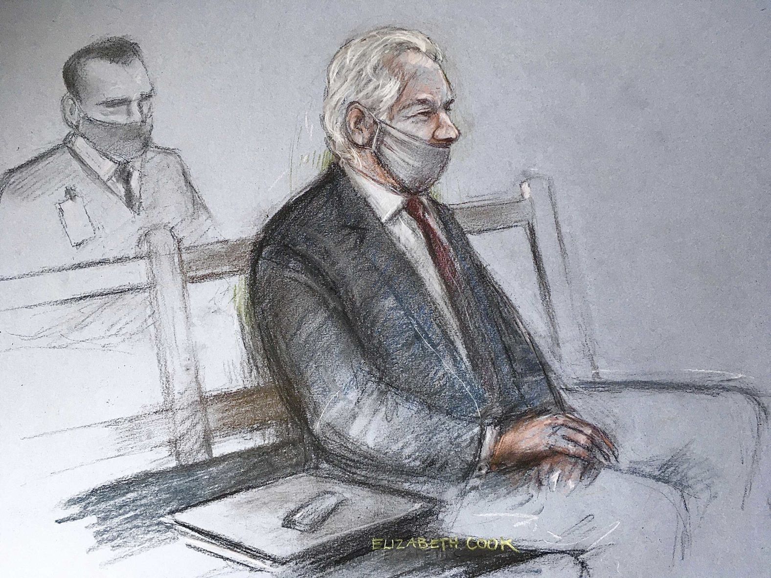 A sketch depicts Assange appearing at the Old Bailey courthouse in London for a ruling in his extradition case in January 2021. A judge <a href="https://edition.cnn.com/2021/01/04/uk/julian-assange-extradition-wikileaks-us-gbr-intl/index.html" target="_blank">rejected a US request to extradite Assange,</a> saying that such a move would be "oppressive" by reason of his mental health. <a href="https://www.cnn.com/2021/12/10/europe/julian-assange-extradition-appeal-ruling-intl/index.html" target="_blank">That ruling was overturned</a> in December by two senior judges.