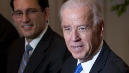 US Vice President Joe Biden (R) speaks alongside House Majority Leader Eric Cantor (R-VA) during a meeting of bipartisan members of Congress to begin work on a legislative framework for comprehensive deficit reduction at Blair House, across the street from the White House in Washington, DC, May 5, 2011. AFP PHOTO / Saul LOEB (Photo credit should read SAUL LOEB/AFP via Getty Images)