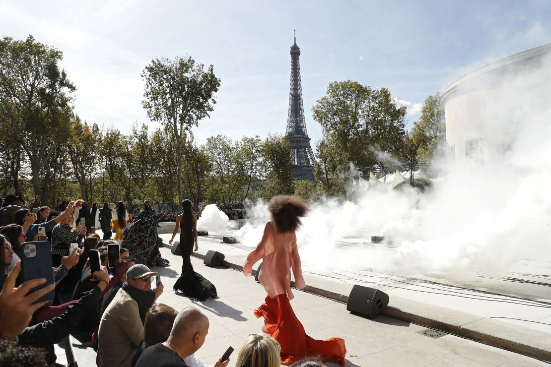 A line of models walk the runway during the Rick Owens fashion show at Paris Fashion Week 2021.