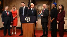 SATURDAY NIGHT LIVE -- "Owen Wilson" Episode 1806 -- Pictured: (l-r) Aidy Bryant as Sen. Joe Manchin, Cecily Strong as Sen Krysten Sinema, Pete Davidson as Andrew Cuomo, James Austin Johnson as President Joe Biden, Alex Moffat as Sen. Chuck Schumer, Ego Nwodim as Rep. Ilhan Omar, and Melissa Villaseñor as Rep Alexandria Ocasio-Cortez during the "Biden Unites Democrats" Cold Open on Saturday, October 2, 2021 -- (Photo by: Will Heath/NBC)