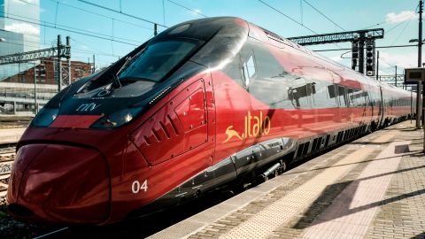 This photo shows an "Italo - NTV (New Transportation Travelers)" train at the Tiburtina railway station in central Rome, on February 8, 2018. The shareholders of Italian railways group ITALO have accepted on February 8, 2018 a 1.8 billion euro takeover offer by the U.S based fund GIP (Global Infrastructure Partners). / AFP PHOTO / Andreas SOLARO (Photo credit should read ANDREAS SOLARO/AFP via Getty Images)